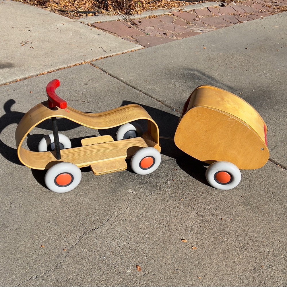 Rare Handcrafted Sirch Sibis Max Ash Wood Ride-On Toy Car With Lorette Trailer